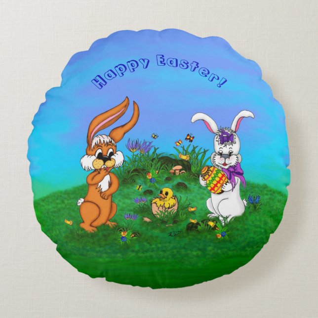 Happy Easter! Rabbit with Bunny and Chick Round Cushion (Front)