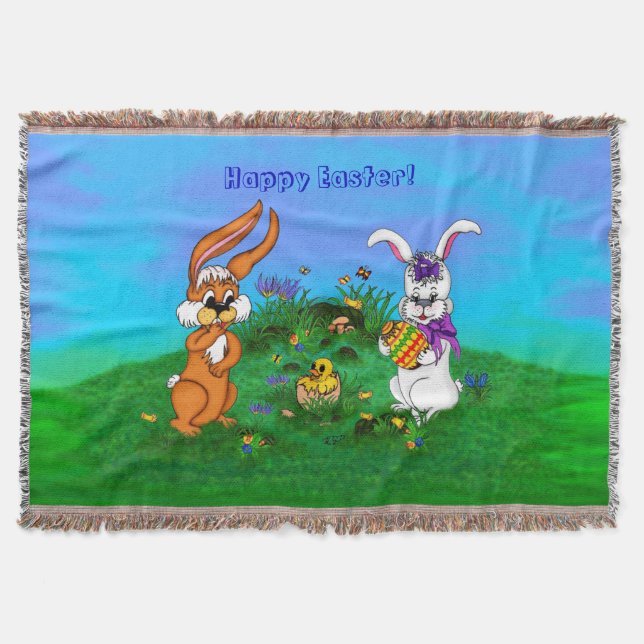 Happy Easter! Rabbit with Bunny and Chick Throw Blanket (Front)