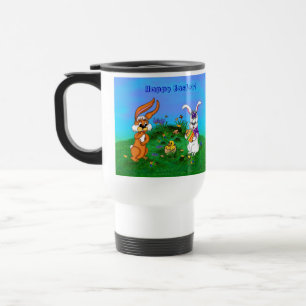 Happy Easter! Rabbit with Bunny and Chick Travel Mug