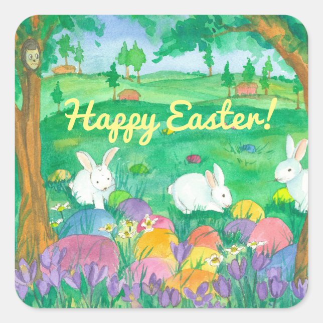 Happy Easter Rabbits Square Sticker (Front)