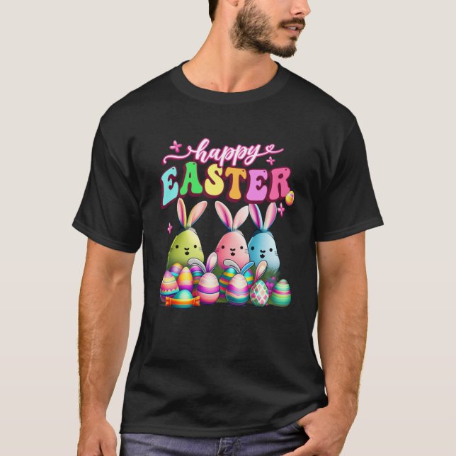Happy Easter  Rabit Eggs Retro Groovy Bunny Easter T-Shirt (Front)