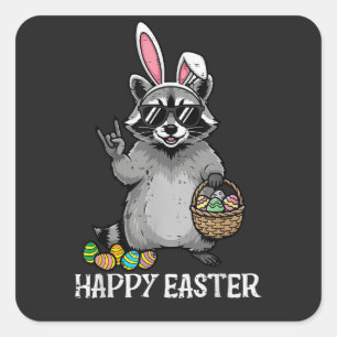 Happy Easter Racoon Bunny Square Sticker