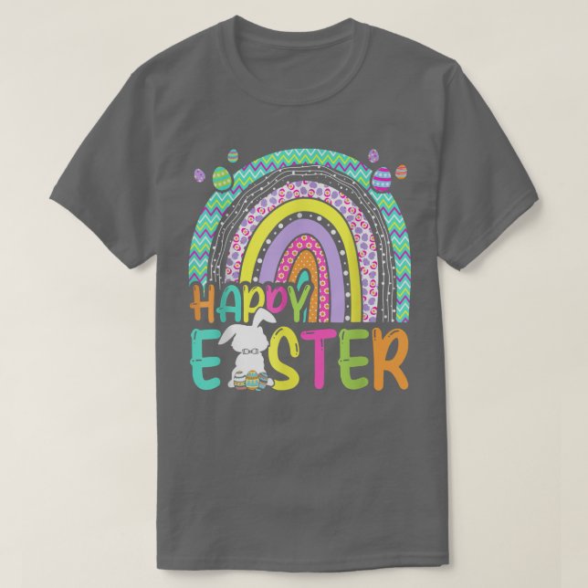 Happy Easter Rainbow Bunny Rabbit Egg Hunting Bask T-Shirt (Design Front)