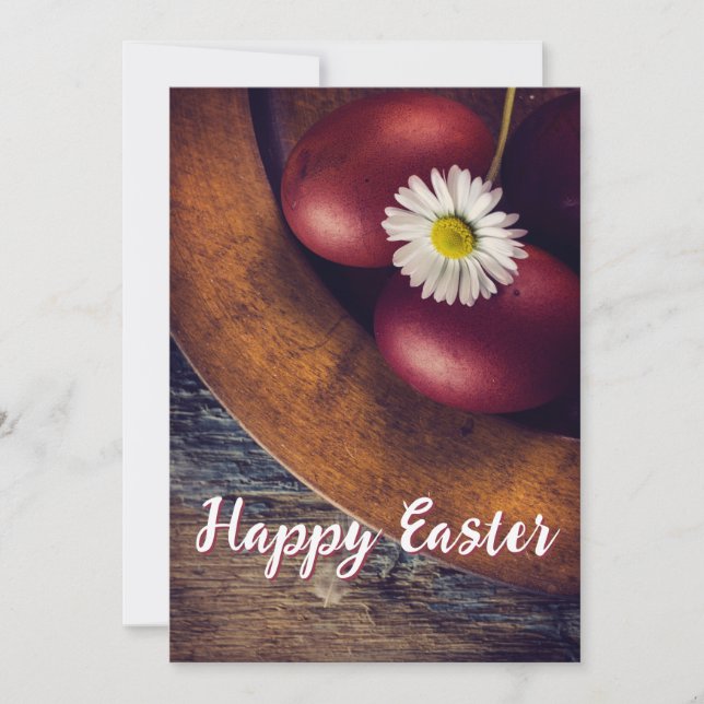 Happy Easter! Red Easter Eggs with daisy flower. Holiday Card (Front)