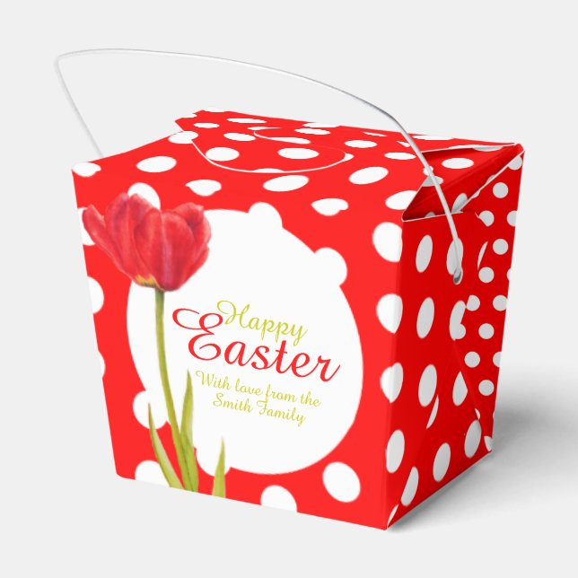 Happy Easter red tulip polka dot gift favours box (Back Side)