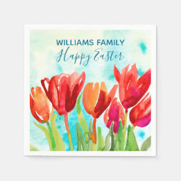 Happy Easter Red Tulips Custom Paper Napkin