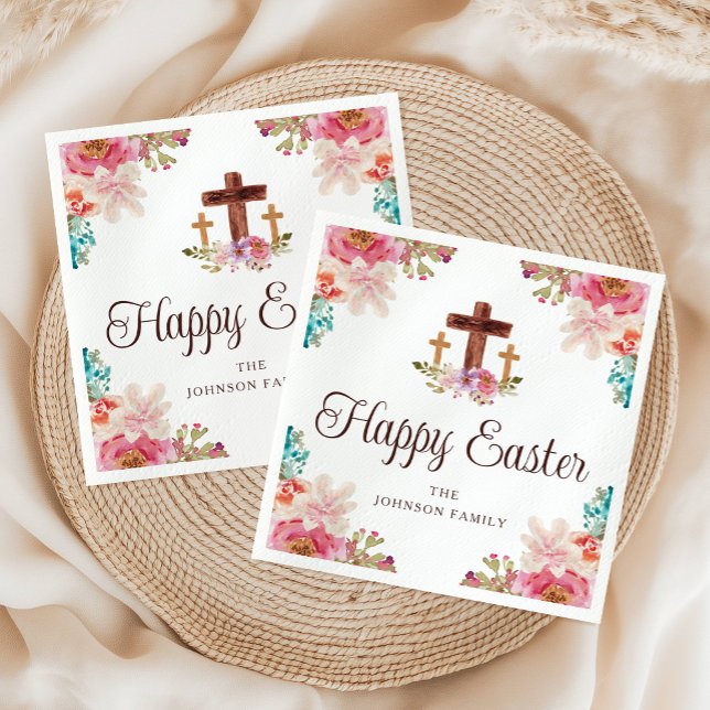 Happy Easter Religious Cross  Floral Watercolor Napkin (Happy Easter Religious Cross Floral Watercolor Napkins)