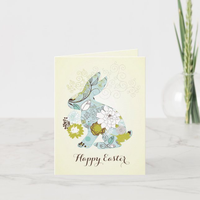 Happy Easter Retro Floral Bunny Holiday Card (Front)
