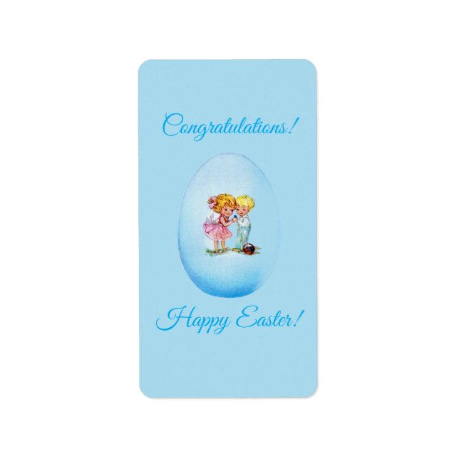 Happy Easter!  Retro postcard, Easter egg, girl an Label (Front)