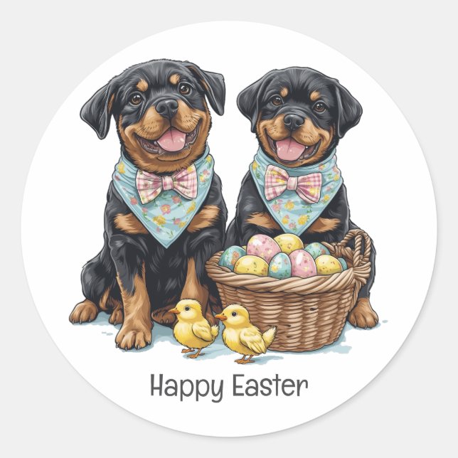 Happy Easter Rottweiler Dogs Easter Basket Classic Round Sticker (Front)