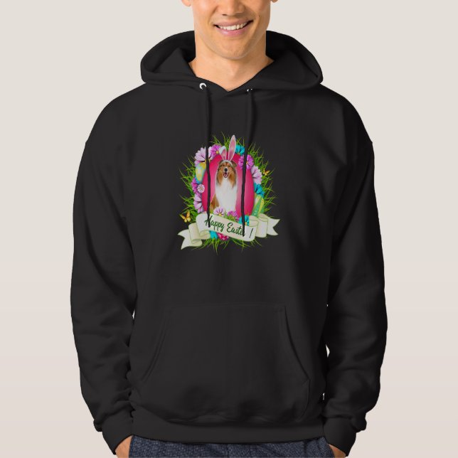 Happy Easter Rough Collie Wearing Bunny Ear Eggs C Hoodie (Front)