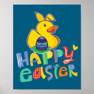 Happy Easter Rubber Duck Bunny Ears Easter Eggs Cu Poster