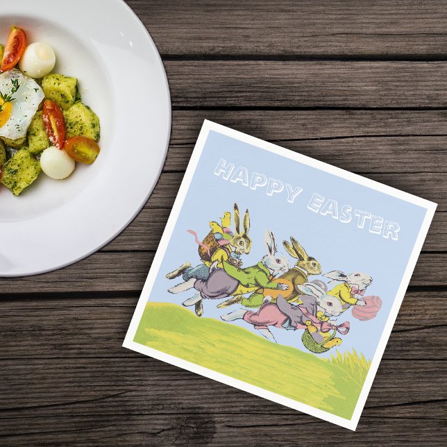 Happy Easter Running Pastel Rabbits Napkin (Easter rabbits pastel clothes baskets eggs running in grass on light blue napkins.)
