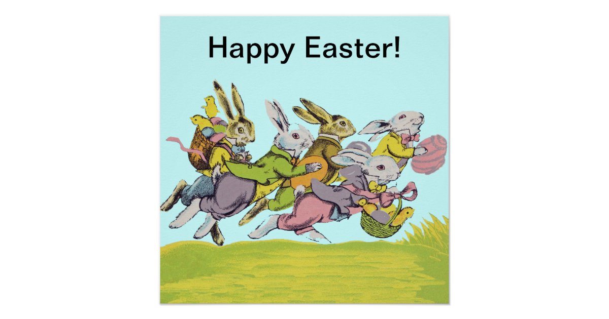 Happy Easter Running Pastel Rabbits Poster | Zazzle