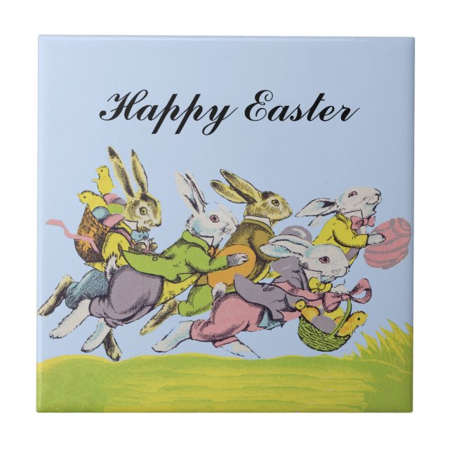 Happy Easter Running Pastel Rabbits Tile (Front)