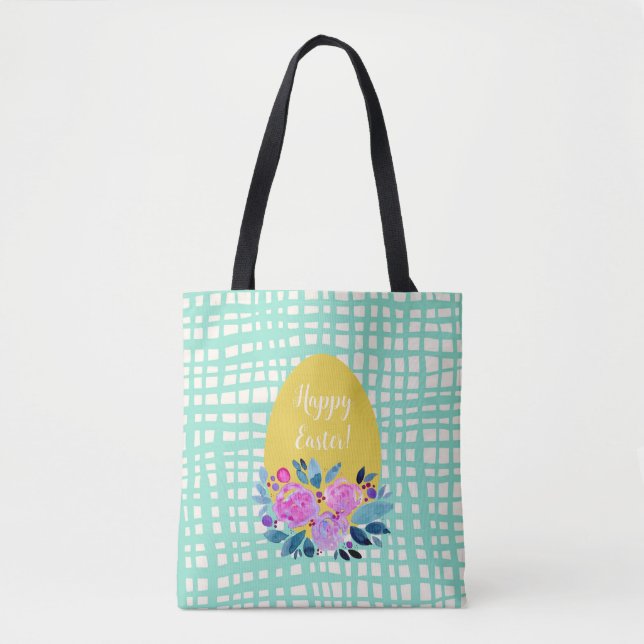 Happy Easter rustic plaid floral orange egg Tote Bag (Front)