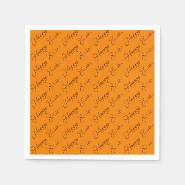 Happy Easter Script Brown on Orange Paper Napkin (Front)