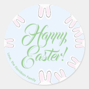Happy Easter script cute funny bunnies custom fun Classic Round Sticker