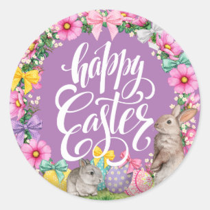 Happy Easter Script Floral lavendar Easter Bunny  Classic Round Sticker