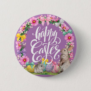 Happy Easter Script Floral lavender Easter Bunny   6 Cm Round Badge