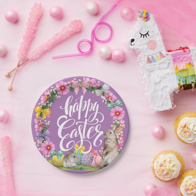 Happy Easter Script Floral lavender Easter Bunny   Paper Plate (Party)