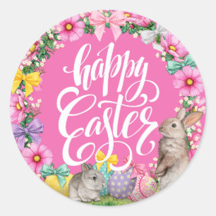 Happy Easter Script Floral Pink Easter Bunny Egg Classic Round Sticker