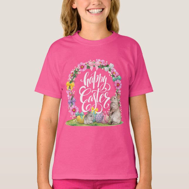 Happy Easter Script Floral Pink Easter Bunny Egg  T-Shirt (Front)