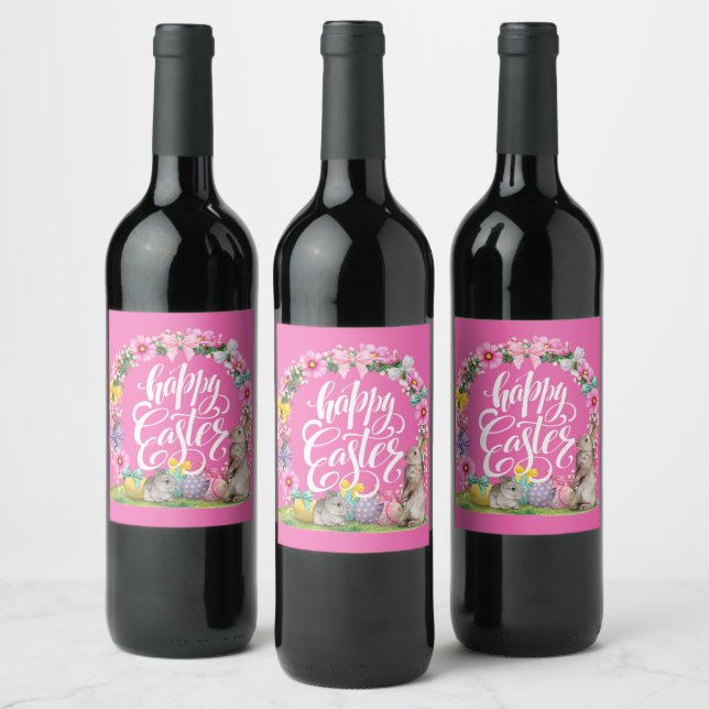 Happy Easter Script Floral Pink Easter Bunny Egg Wine Label (Bottles)