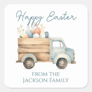 Happy Easter Script Floral Truck Square Sticker