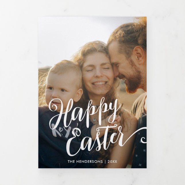 Happy Easter Script Multi Photo Tri-Fold Holiday Card (Cover)