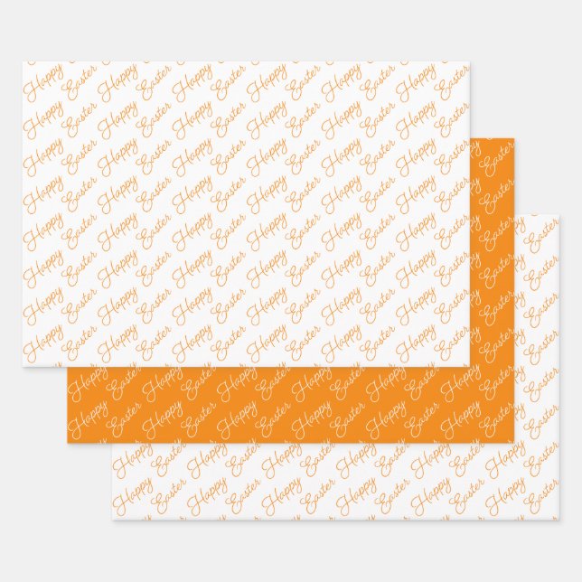 Happy Easter Script Orange and White Wrapping Paper Sheet (Set)