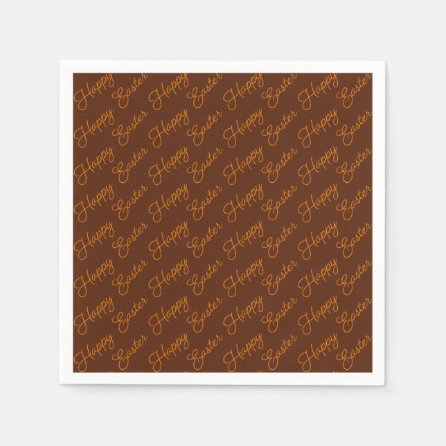 Happy Easter Script Orange on Brown Paper Napkin (Front)