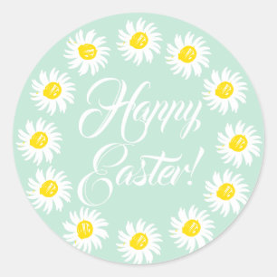 Happy Easter seafoam mint cute daisy frame border Classic Round Sticker
