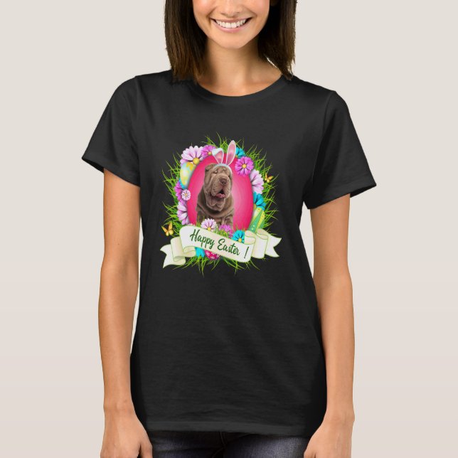 Happy Easter Shar Pei Wearing Bunny Ear Eggs Cool T-Shirt (Front)