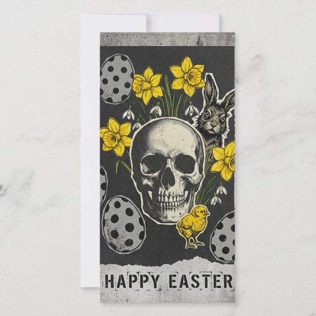 Happy Easter Skull Card With Daffodils, Rabbit (Front)