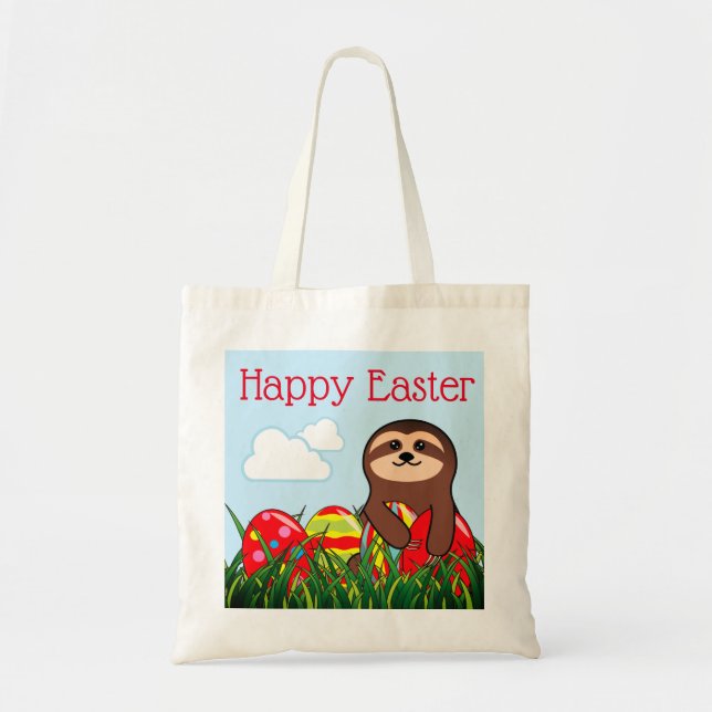 Happy Easter Sloth & Easter Eggs on grass field Tote Bag (Front)