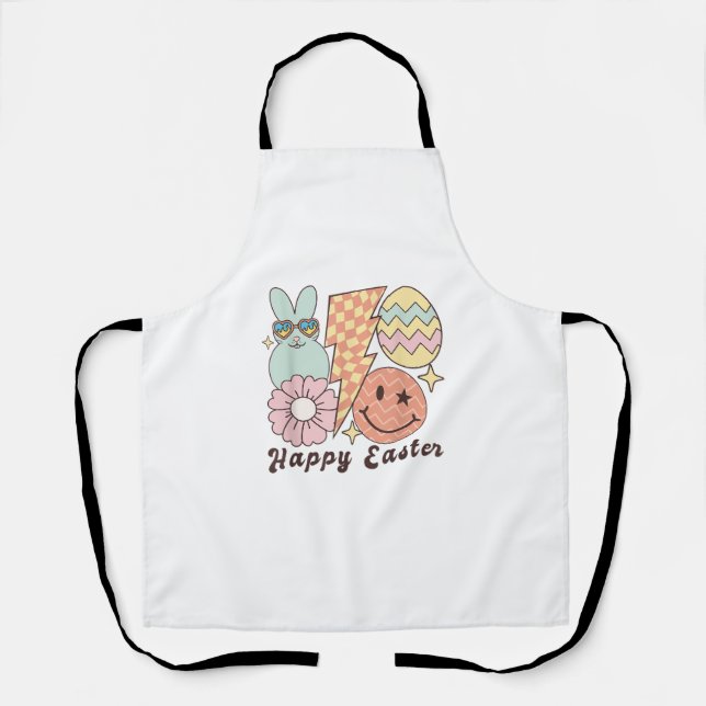 Happy Easter Smile Face Retro Hippie Bunny Rabbit  Apron (Front)