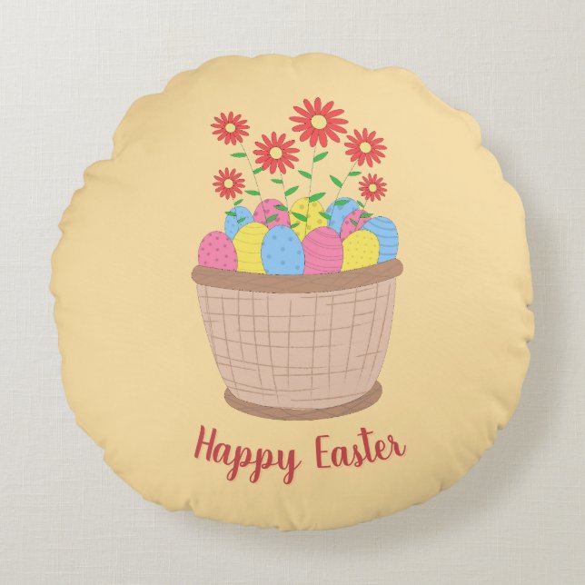 Happy Easter Soft Round Spring Decorative Accent Cushion (Front)