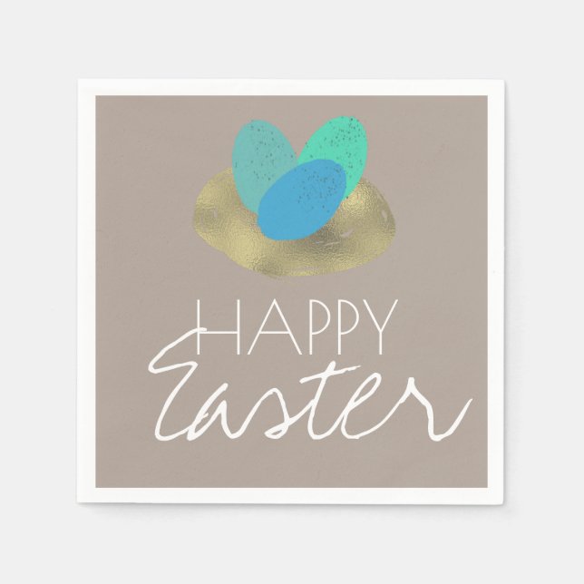 Happy Easter Speckled Easter Egg Gold Nest Napkin (Front)