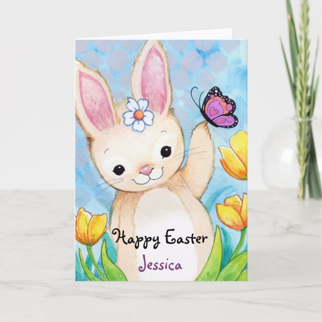 Happy Easter Spring Bunny Butterfly and Tulips Holiday Card (Front)