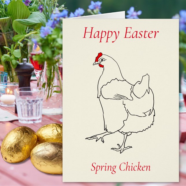 Happy Easter Spring Chicken Minimalist Line Art (Happy easter spring chicken cute hen minimalist line art drawing Folded holiday greetings card)