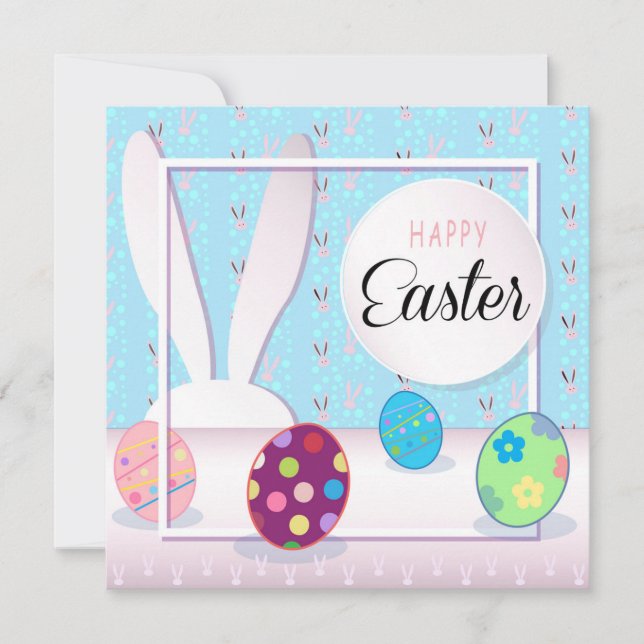 Happy Easter Spring Cute Bunny Easter Eggs Hunt Holiday Card (Front)