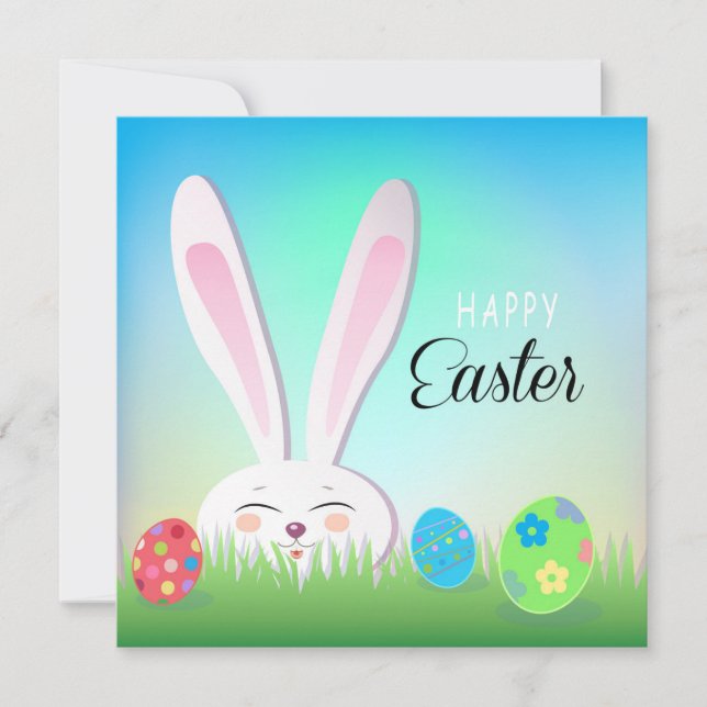 Happy Easter Spring Cute Bunny Easter Eggs Hunt Holiday Card (Front)