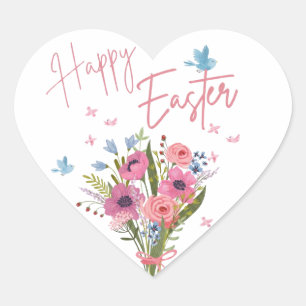 Happy Easter Spring Floral Bouquet & Blue Birds Heart Sticker
