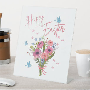 Happy Easter Spring Floral Bouquet & Blue Birds Pedestal Sign