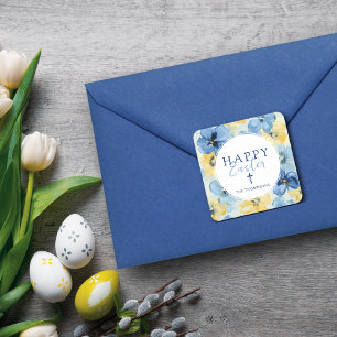 Happy Easter Spring Floral Cross Religious Blue Square Sticker