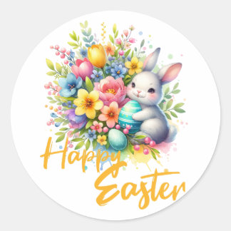 Happy Easter spring flower with cute bunny Classic Round Sticker