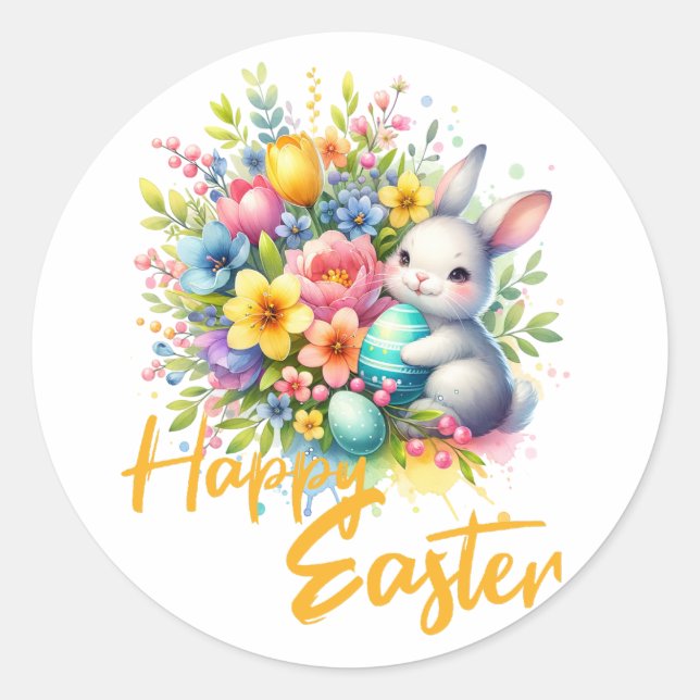 Happy Easter spring flower with cute bunny Classic Round Sticker (Front)