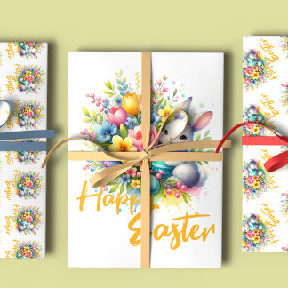 Happy Easter spring flower with cute bunny Wrapping Paper Sheet