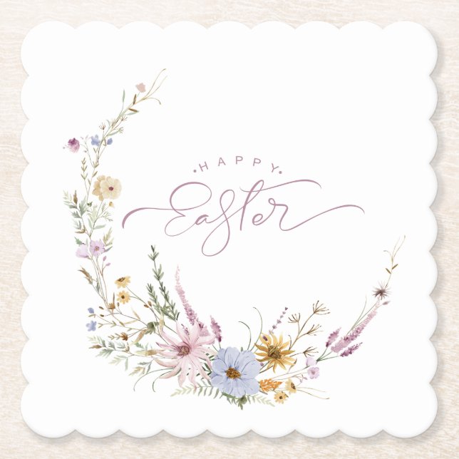 Happy Easter Spring Flower Wreath  Paper Coaster (Front)